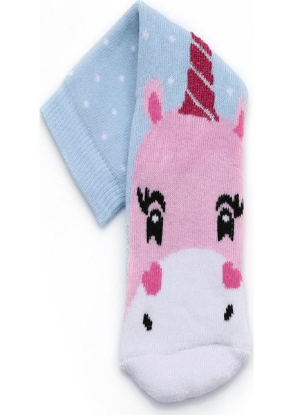2'li Kız Çocuk Atkı-Bereli Kuş Unicorn Desenli Havlu Çorap 6031-B2