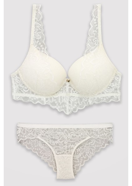 4737 Ekru Rome Balenli Soft Push Up Sütyen Takımı