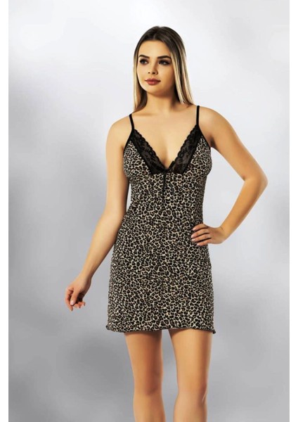 Leopar Desenli Dantel Detaylı Gecelik 6354