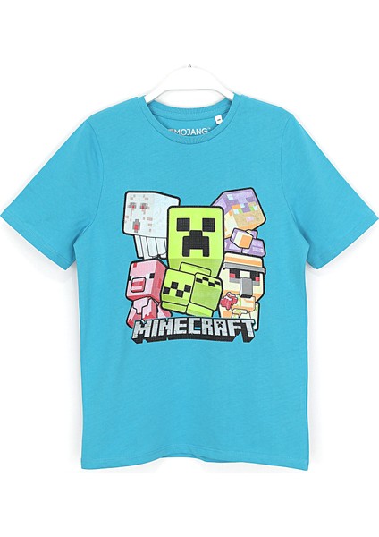 Minecraft Silikon Baskılı Erkek Çocuk T-Shirt 4 - 12 Yaş Mavi