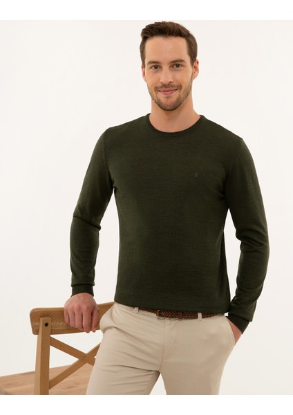Erkek Yeşil Slim Fit Bisiklet Yaka Basic Triko Kazak 50227677-VR054