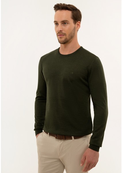 Erkek Yeşil Slim Fit Bisiklet Yaka Basic Triko Kazak 50227677-VR054