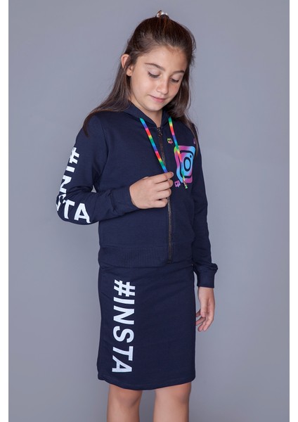 Kız Çocuk Instagram Baskılı Etekli Takım