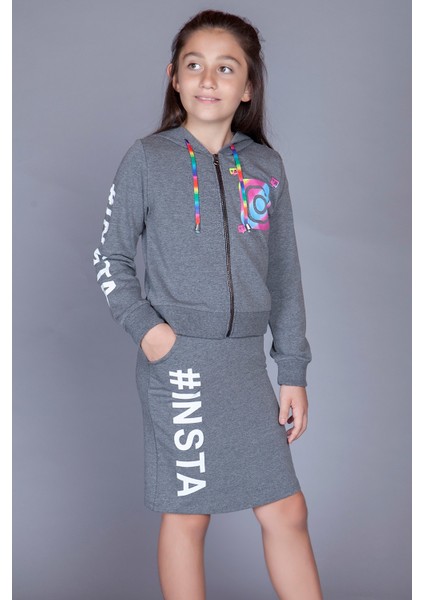 Kız Çocuk Instagram Baskılı Etekli Takım
