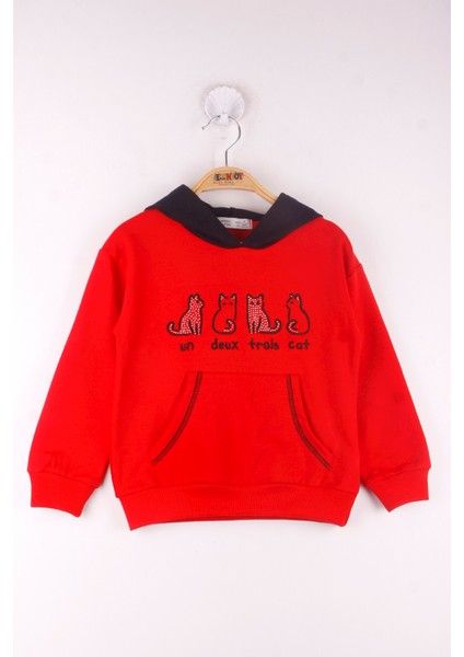 Kız Çocuk Kedi Nakışlı Kapüşonlu Sweatshirt