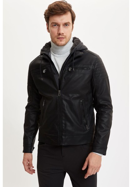 Slim Fit Kapüşonlu İçi Yumuşak Tüylü Suni Deri Mont N9693AZ20WN