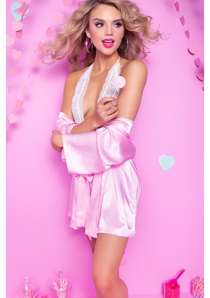 Saten Kısa Sabahlık Gecelik Pembe S