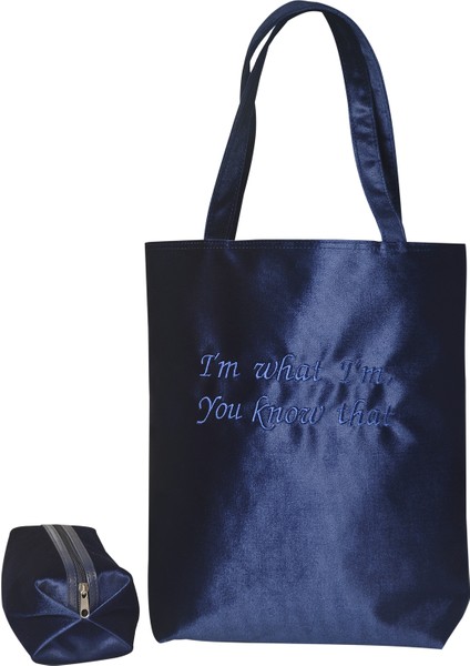 Slogan Nakışlı Kadife Tote Çantaİkili Set