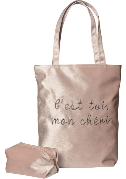 Slogan Nakışlı Kadife Tote Çantaİkili Set