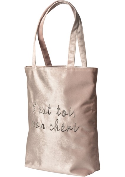 Slogan Nakışlı Kadife Tote Çantaİkili Set