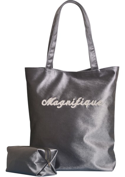 Slogan Nakışlı Kadife Tote Çantaİkili Set