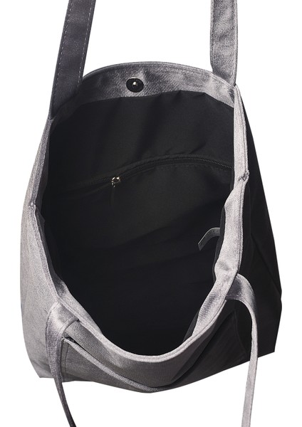 Slogan Nakışlı Kadife Tote Çantaİkili Set