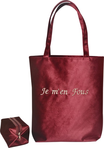 Slogan Nakışlı Kadife Tote Çantaİkili Set