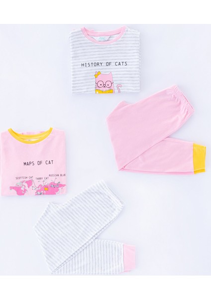 Çok Renkli Kız Çocuk Cat Map 4'lü Pijama Takımı