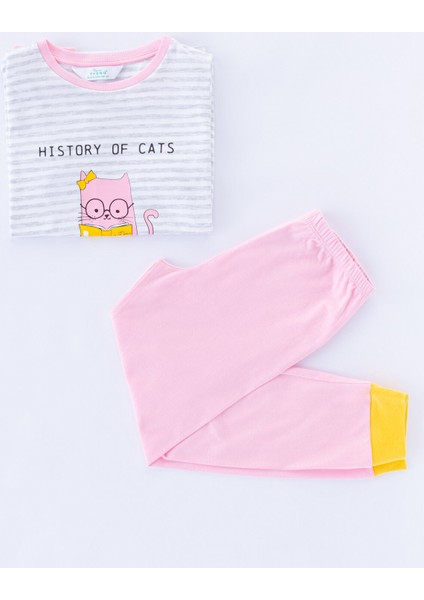 Çok Renkli Kız Çocuk Cat Map 4'lü Pijama Takımı