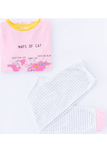 Çok Renkli Kız Çocuk Cat Map 4'lü Pijama Takımı