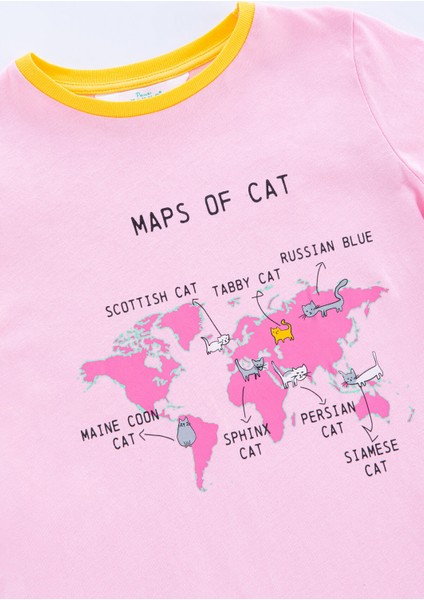 Çok Renkli Kız Çocuk Cat Map 4'lü Pijama Takımı