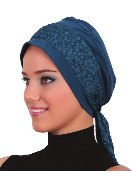 Dantel Bandana Petrol Hazır Türban Tesettür Bone