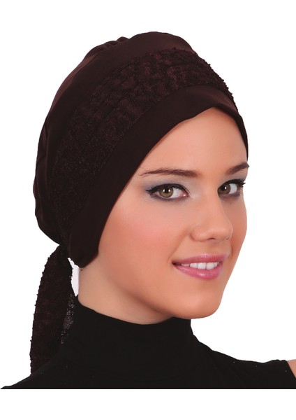 Dantel Bandana Kahverengi Hazır Türban Tesettür Bone