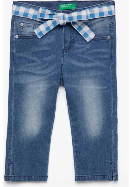 Kız Çocuk Pötikare Kemerli 3/4 Jean Pantolon