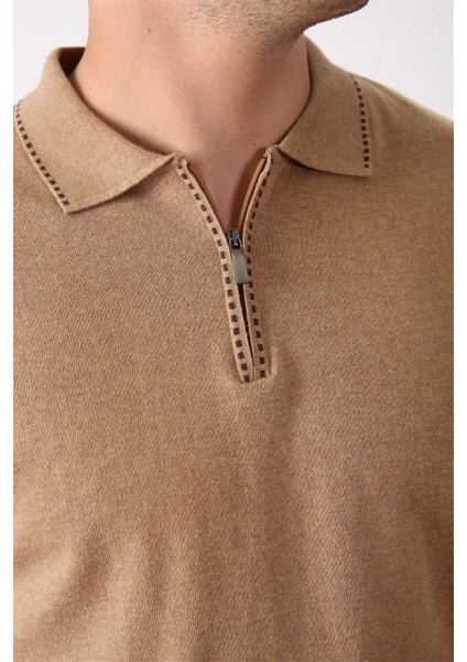 Camel Polo Yaka Fermuarlı Erkek Pamuk Kazak