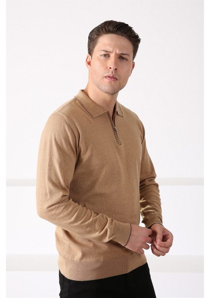 Camel Polo Yaka Fermuarlı Erkek Pamuk Kazak