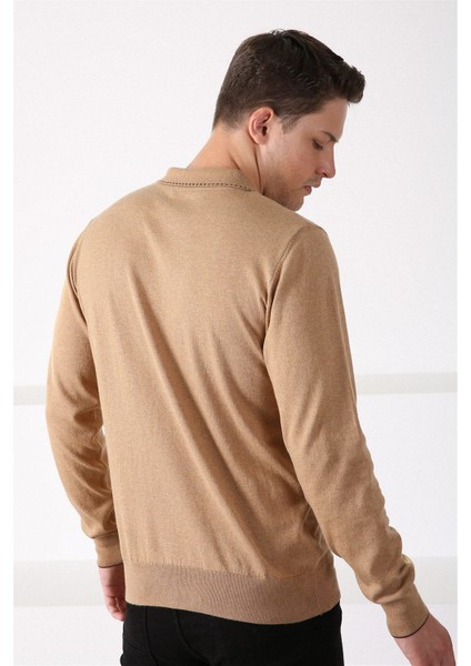 Camel Polo Yaka Fermuarlı Erkek Pamuk Kazak