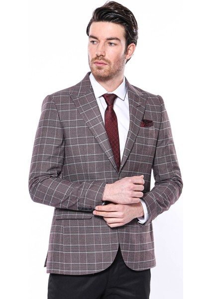 Erkek Bordo Ekose Desenli Sivri Yaka Slim Fit Ceket