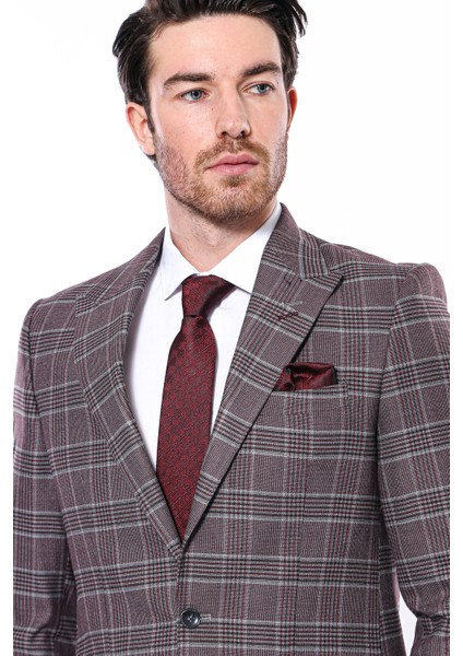 Erkek Bordo Ekose Desenli Sivri Yaka Slim Fit Ceket
