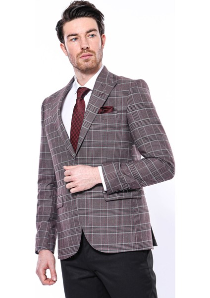 Erkek Bordo Ekose Desenli Sivri Yaka Slim Fit Ceket