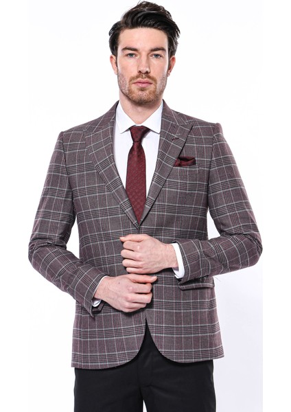 Erkek Bordo Ekose Desenli Sivri Yaka Slim Fit Ceket