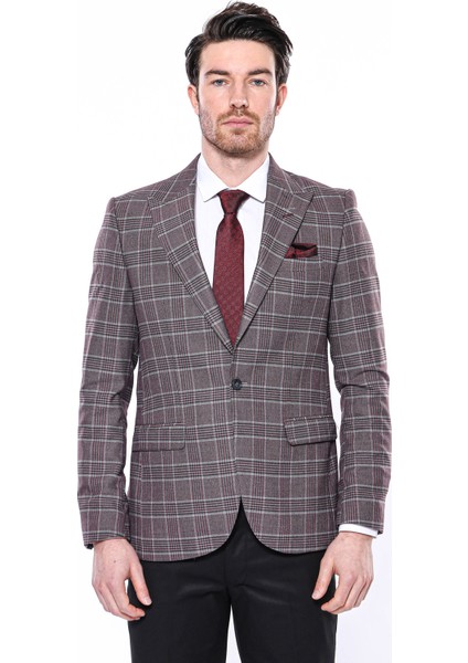 Erkek Bordo Ekose Desenli Sivri Yaka Slim Fit Ceket