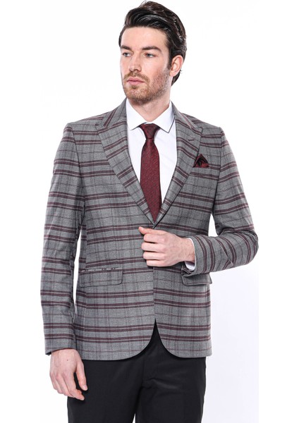 Erkek Bordo Ekose Desenli Sivri Yaka Slim Fit Ceket