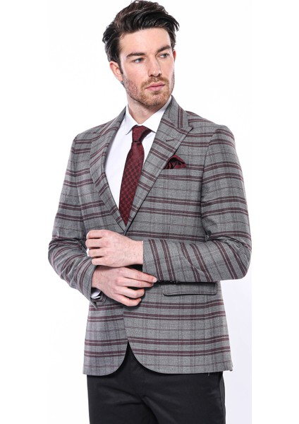 Erkek Bordo Ekose Desenli Sivri Yaka Slim Fit Ceket modelleri