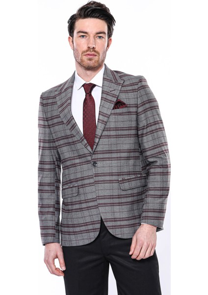 Erkek Bordo Ekose Desenli Sivri Yaka Slim Fit Ceket fırsatları