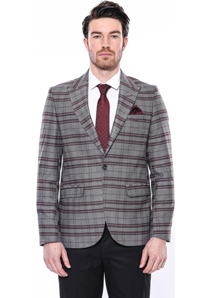 Erkek Bordo Ekose Desenli Sivri Yaka Slim Fit Ceket indirimleri