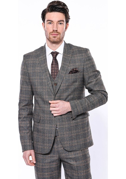Erkek Füme Ekose Desenli Sivri Yaka Slim Fit Ceket