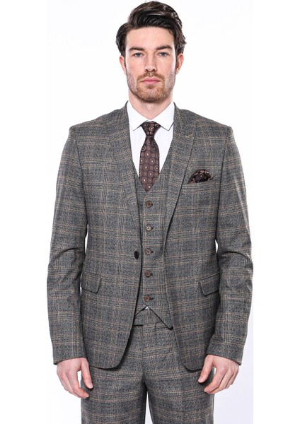 Erkek Füme Ekose Desenli Sivri Yaka Slim Fit Ceket modelleri