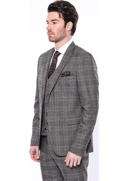 Erkek Füme Ekose Desenli Sivri Yaka Slim Fit Ceket fırsatları