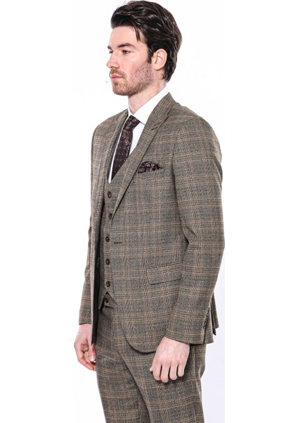 Erkek Kahverengi Ekose Desenli Sivri Yaka Slim Fit Ceket fırsatları