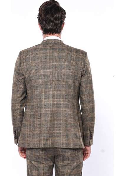 Erkek Kahverengi Ekose Desenli Sivri Yaka Slim Fit Ceket indirimleri