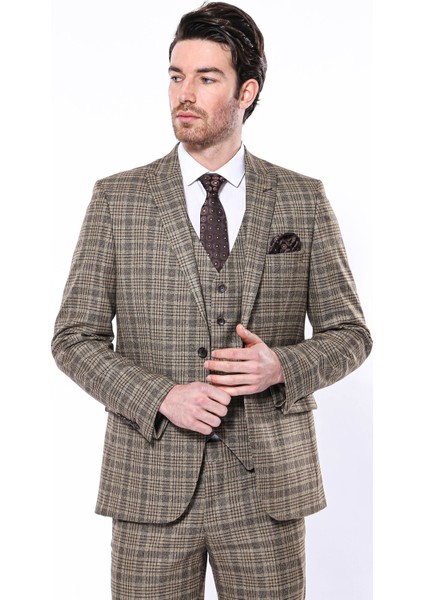 Erkek Kahverengi Ekose Desenli Sivri Yaka Slim Fit Ceket