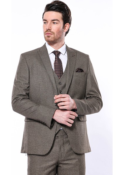 Erkek Kahverengi Kare Desenli Sivri Yaka Slim Fit Ceket