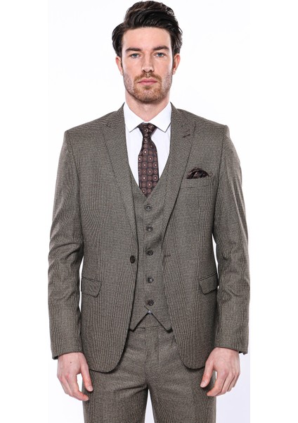 Erkek Kahverengi Kare Desenli Sivri Yaka Slim Fit Ceket