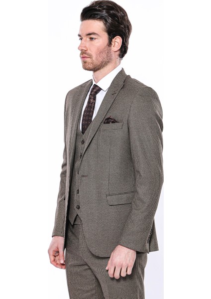Erkek Kahverengi Kare Desenli Sivri Yaka Slim Fit Ceket