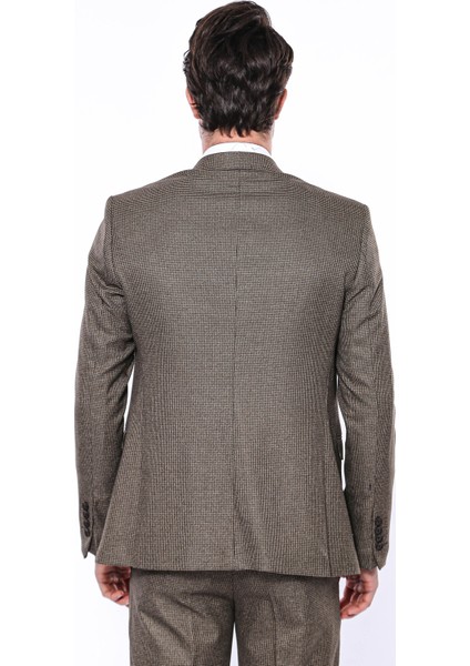 Erkek Kahverengi Kare Desenli Sivri Yaka Slim Fit Ceket