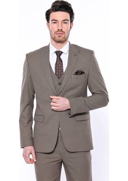 Erkek Kahverengi Kendinden Desenli Slim Fit Ceket
