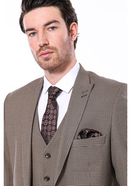 Erkek Kahverengi Kendinden Desenli Slim Fit Ceket