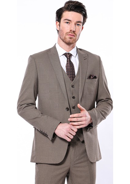 Erkek Kahverengi Kendinden Desenli Slim Fit Ceket