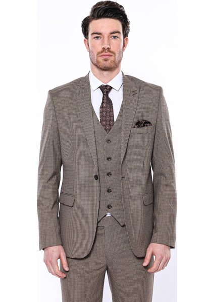 Erkek Kahverengi Kendinden Desenli Slim Fit Ceket